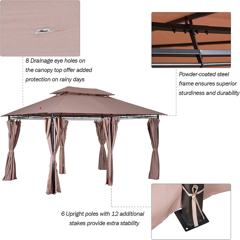 10 \\ 'x 13 \\' utomhus mjuk topp pergola lusthus med gardiner, 2-ters stålram lusthus för uteplats, khaki