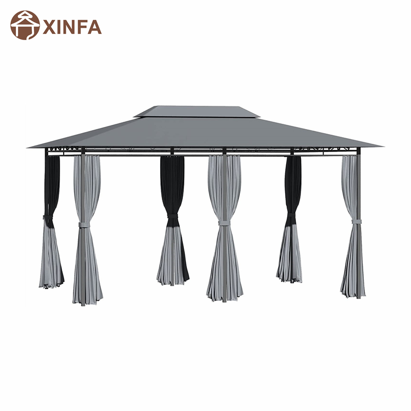 10 \\ 'x 13 \\' 2-Tier Steel Frame Gazebo för uteplats mjuk topp lusthus utomhus pergola med gardiner, salvia grå