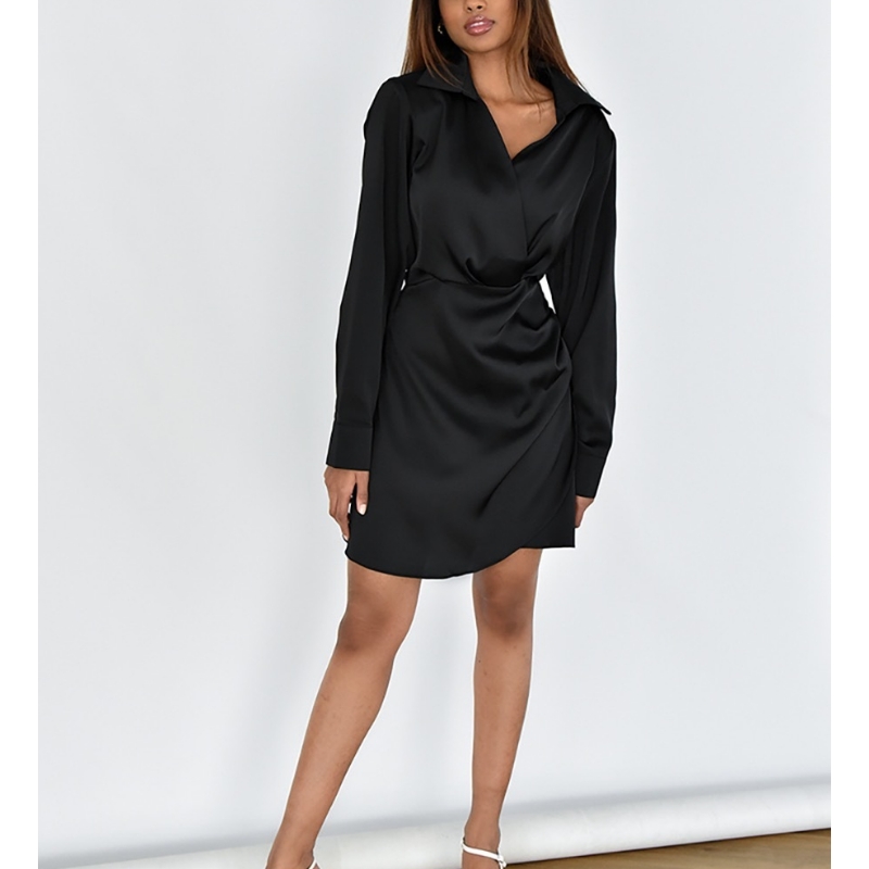 Högkvalitativ satin sexig midja v-ringning wrap a-line kjolklänning