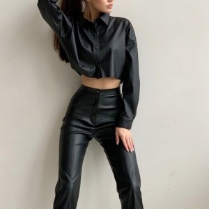 Höst- och vintermotorcykel sexig matt pu läder mikroelastisk långärmad kort skjorta