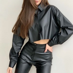 Höst- och vintermotorcykel sexig matt pu läder mikroelastisk långärmad kort skjorta