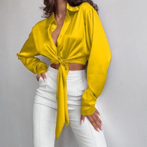 Casual Silk Satin Texture Lapel långärmad topp
