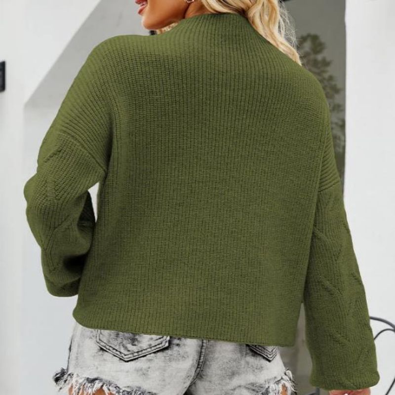 Pure Color Button Rope Sweater Loose Pullover Turtleneck Women's tröja