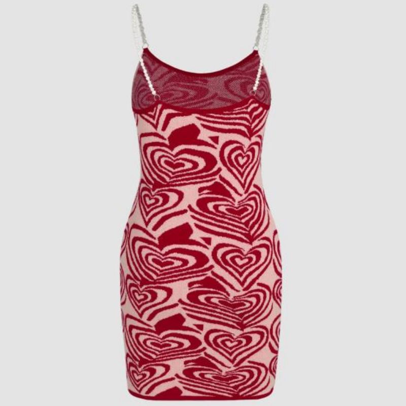 Kärlek hjärtmönster tryck klänningar kort ärm klänning sommar sundress shein sexig stickad