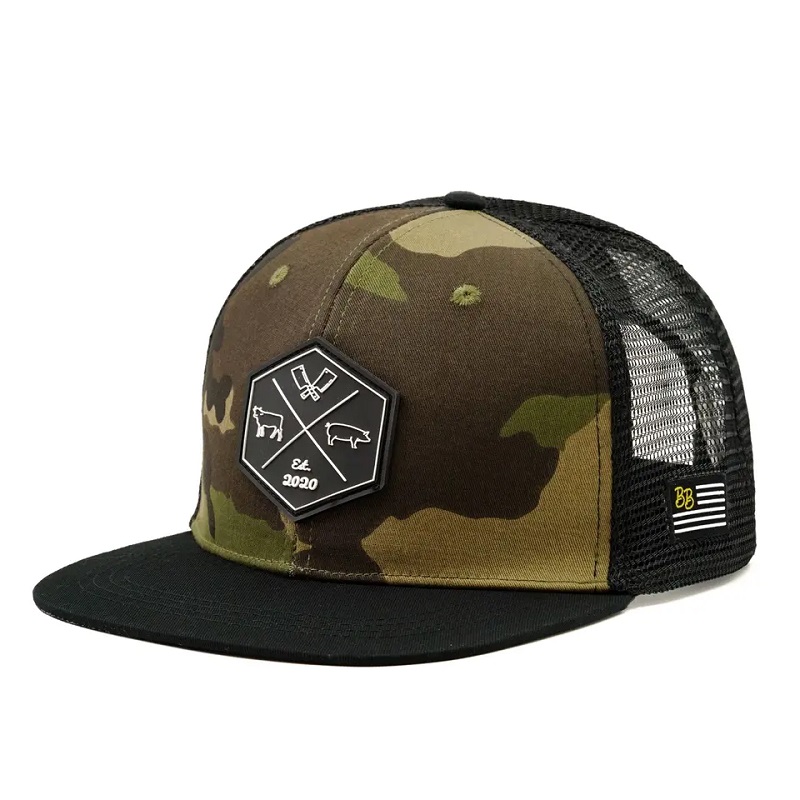 Partihandel anpassad hiphop camo snapback mesh broderad lapp logotyp anpassad 6 panel platt grim trucker mössa och hatt