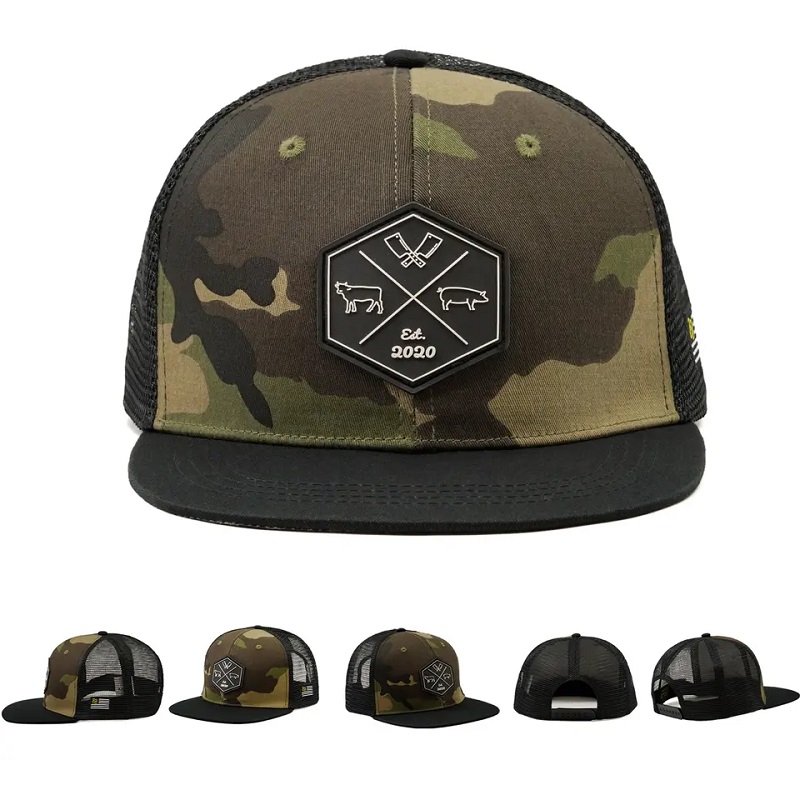 Partihandel anpassad hiphop camo snapback mesh broderad lapp logotyp anpassad 6 panel platt grim trucker mössa och hatt