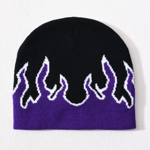 Partihandel skalle skid akryl stickad hatt hiphop manschetter över hela utskrift design anpassad logotyp unisex vinter jacquard flamma beanie