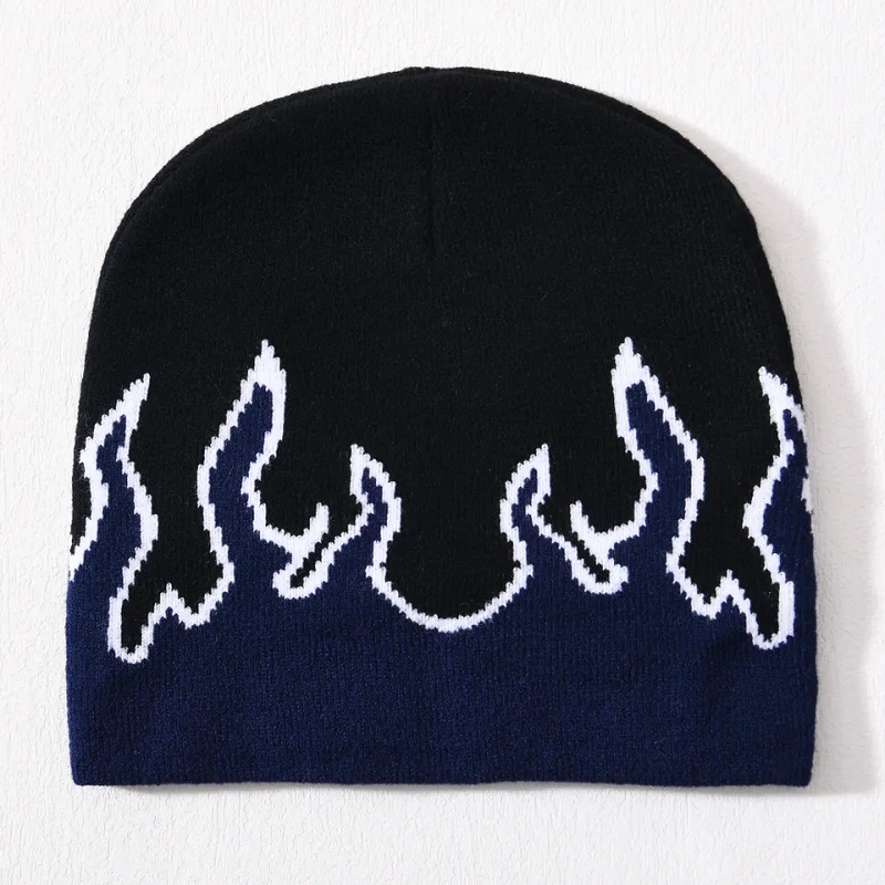 Partihandel skalle skid akryl stickad hatt hiphop manschetter över hela utskrift design anpassad logotyp unisex vinter jacquard flamma beanie