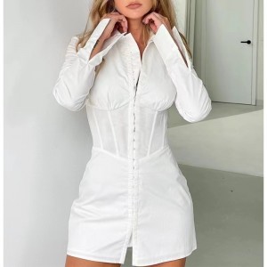 Europeisk och amerikansk stil mode midja långärmad klänning polo krage vit skjorta klänning