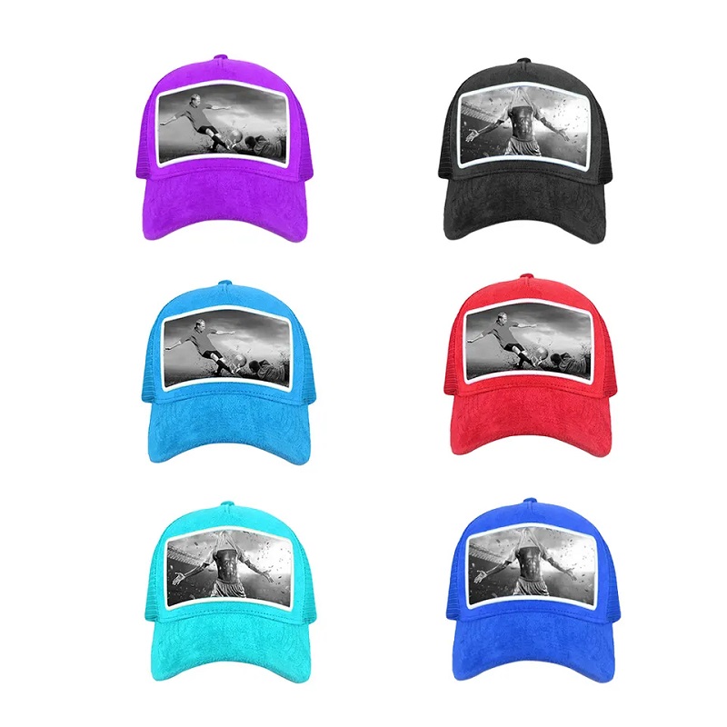 Partihandel högkvalitativ mesh anpassad sammet trucker cap 5 paneler anpassade applikationslapp broderi svart sammet trucker hatt