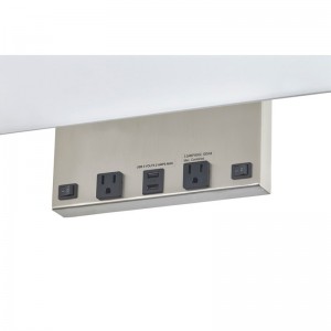 Eagles Landing Hotel Rectangular Wall Lamp med borstadnickelfinish, två på/off rocker switchar, två bekväma uttag och en dubbel USB -port på hotellets rumsrum