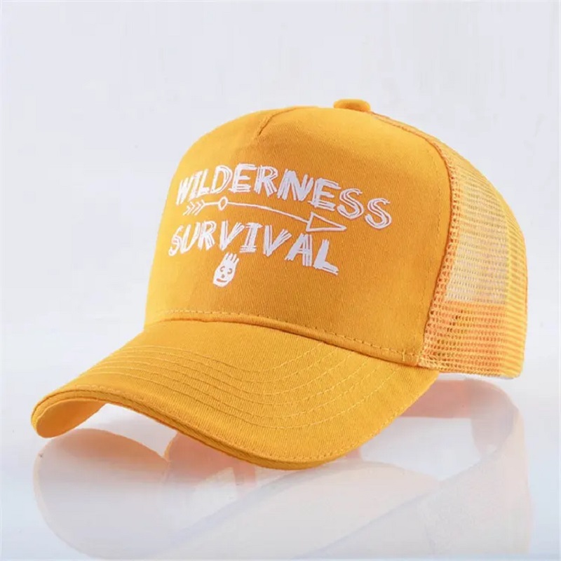 Anpassad tryckt gul bomulls mocka broderi strukturerat 6 panelmask kepsar baseball cap trucker hatt