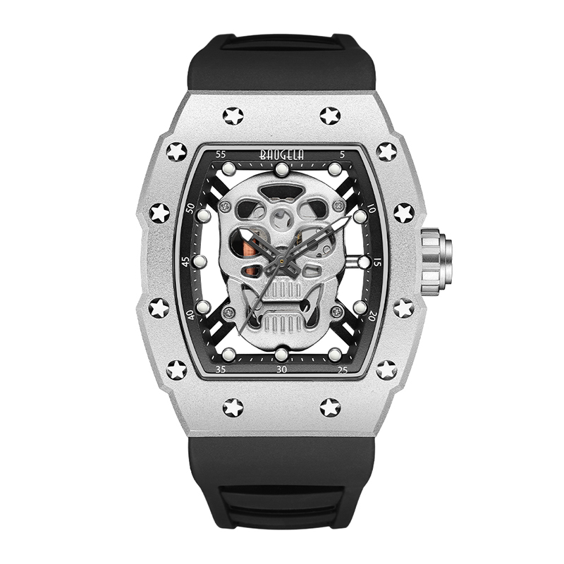 Baogela Skull Tonneau Watch Top Brand Quartz rostfritt stål Klockor Vattentät kreativ klocka Silikon Rem handledsklocka Rose 4141