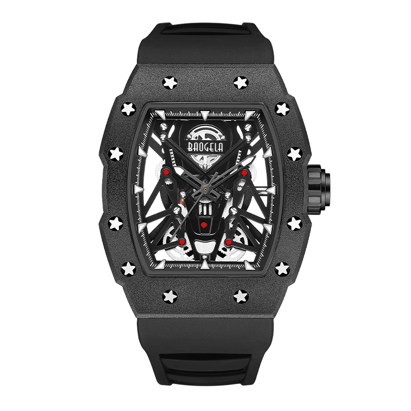 Baogela Silver Black Sport Quartz Watch For Men Tonneau Dial Analog Waterproof Arvur med silikonband Lysande händer 4145