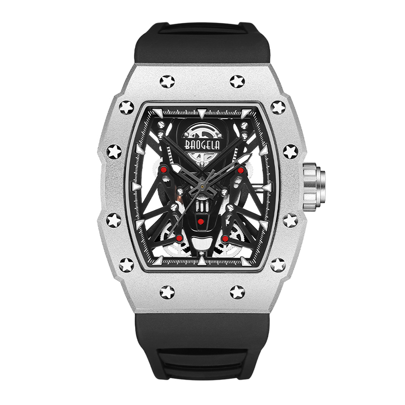 Baogela Silver Black Sport Quartz Watch For Men Tonneau Dial Analog Waterproof Arvur med silikonband Lysande händer 4145