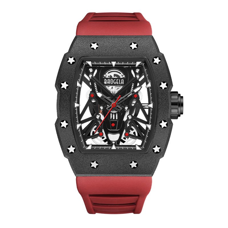 Baogela Silver Black Sport Quartz Watch For Men Tonneau Dial Analog Waterproof Arvur med silikonband Lysande händer 4145