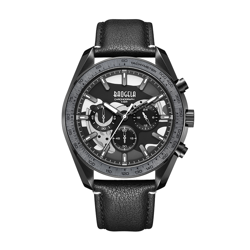 Baogela Nya lyx Men Sport Quartz Male Chronograph Calender Japan Movement 50bar Top Brand Clock äkta läder Arvur 22804