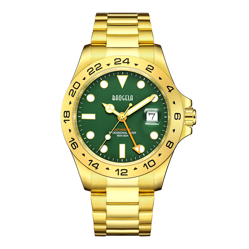 Baogela Nya män Luxury Watch 304 Rostfritt stål Lysande Dial 50m Dykningsmodepar Sport Watch Wristwatch Gold Green 22806