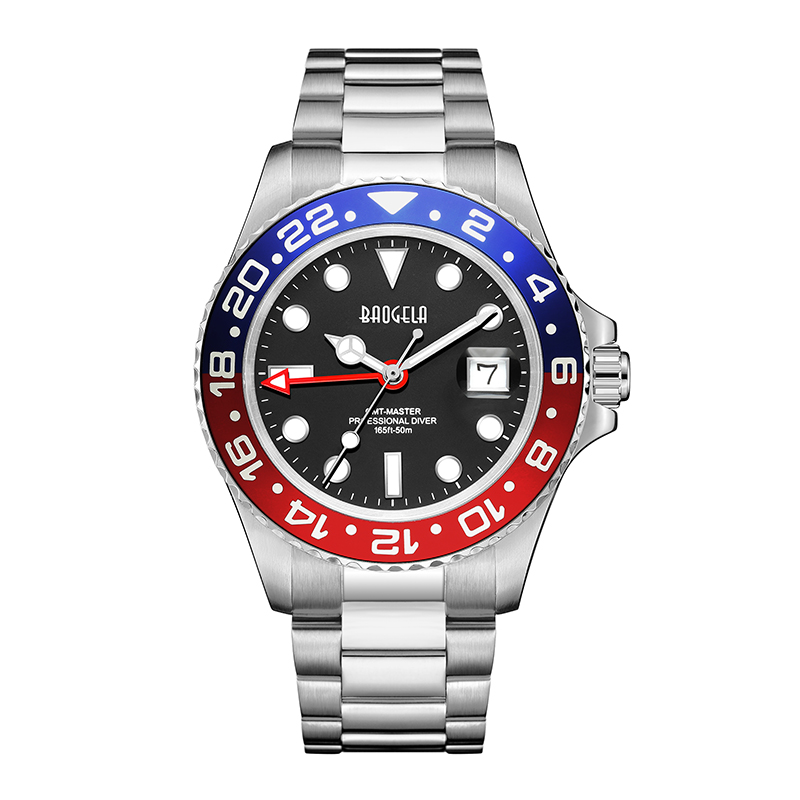 Baogela New Blue Red Water Ghost Watch Men's Watch 50 meter vattentät rostfritt stål Rem Swiss Movement Relogio Masculino 22807