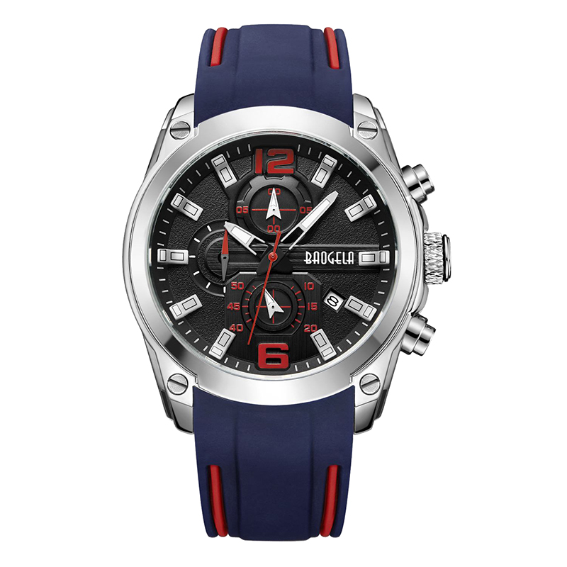 Baogela Chronograph Analog Quartz Watch med datum Lysande händer Vattentät silikongummiband.