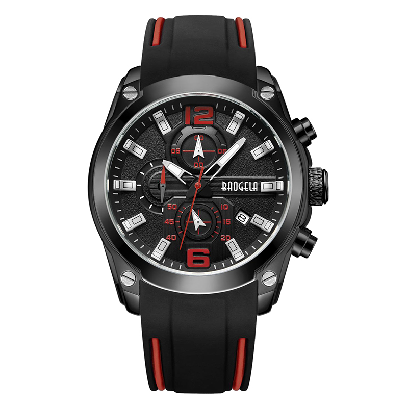 Baogela Chronograph Analog Quartz Watch med datum Lysande händer Vattentät silikongummiband.