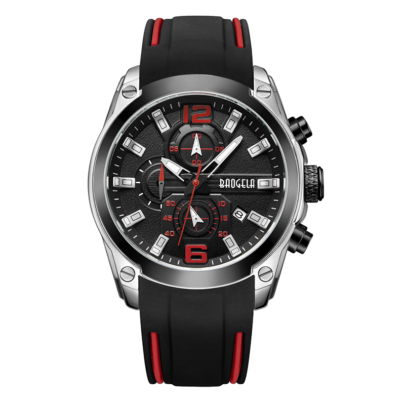 Baogela Chronograph Analog Quartz Watch med datum Lysande händer Vattentät silikongummiband.