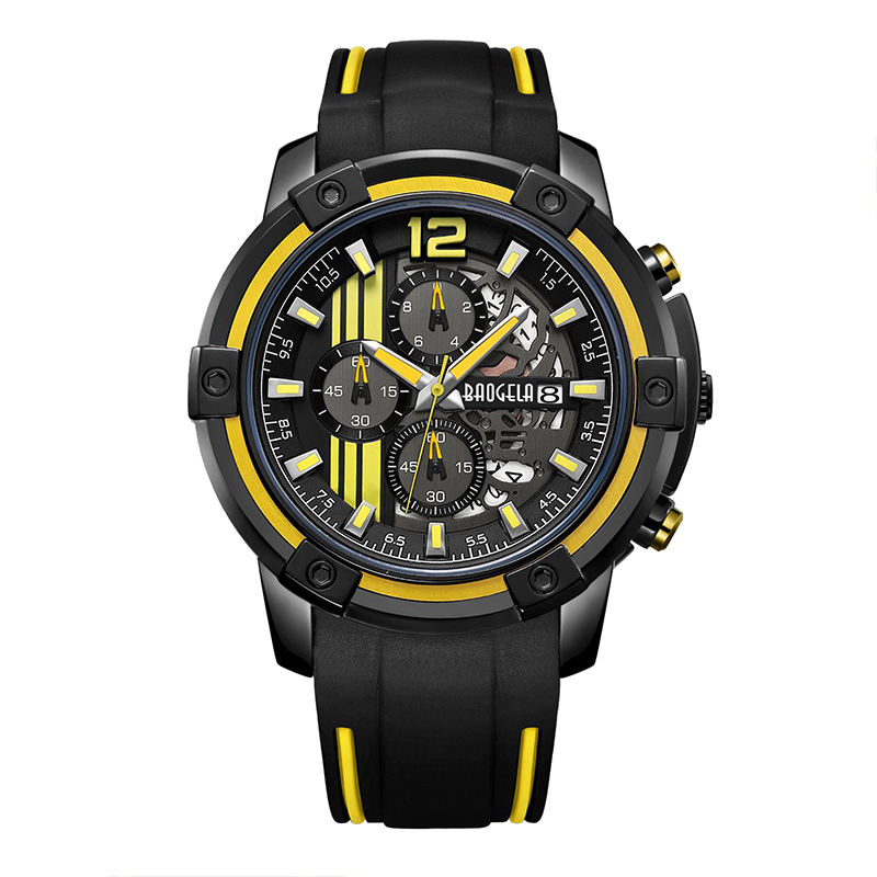 Baogel Men \\ 's Black Silicone Strap Quartz Watches Chronograph Sports Wristwatch For Man 3atm Waterproof Luminous Hands Yellow 22701
