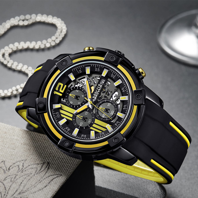 Baogel Men \\ 's Black Silicone Strap Quartz Watches Chronograph Sports Wristwatch For Man 3atm Waterproof Luminous Hands Yellow 22701