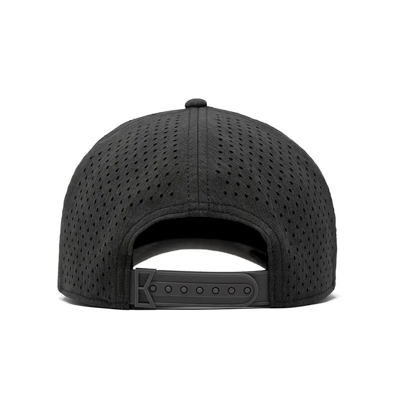 Högkvalitativ anpassad 5 -panel gummi PVC -logotyp Rope Baseball Cap, vattentät laserskuren hål perforerad hatt, prestanda golf pappa hatt
