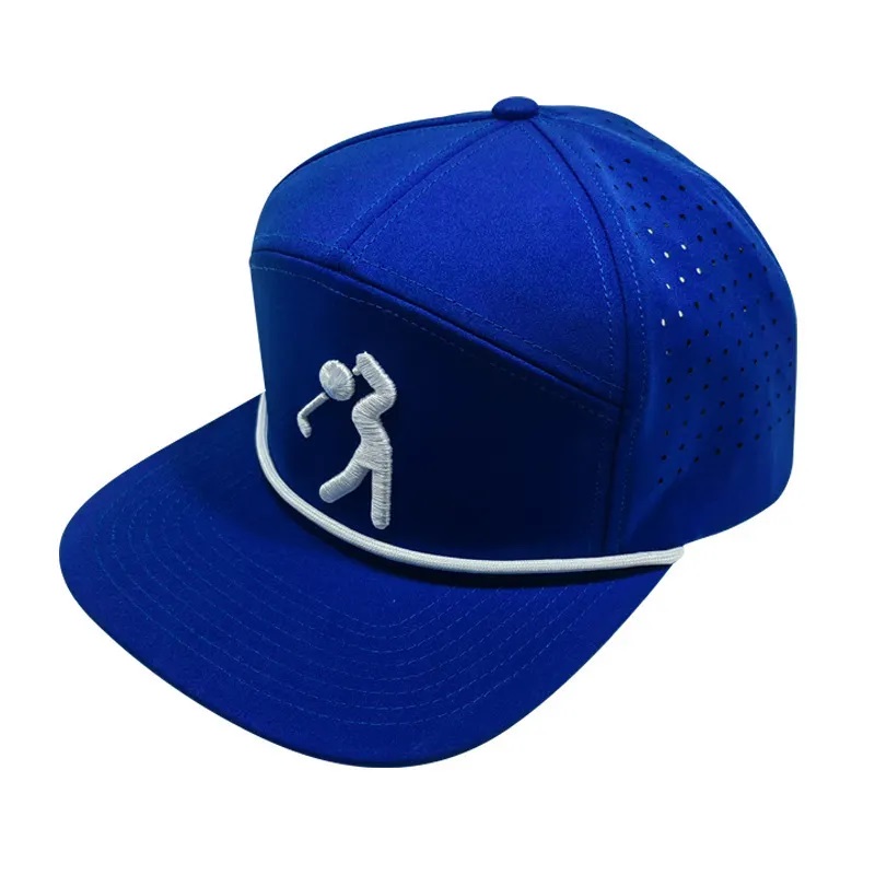 Anpassad högkvalitativ 7 -panelen perforerad hatt, Mens 3D broderi logotyp baseballmössa med rep