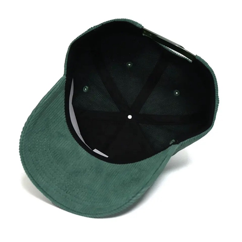 Skräddarsydd direktfabrik 5 panel baseball cap grön corduroy hatt med 3D puff broderi logotyp bomull svettband vinterkapslar