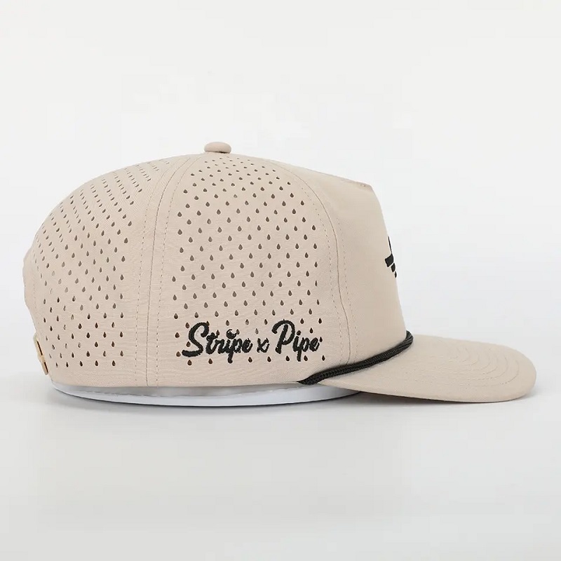 Partihandel anpassad broderi logotyp 5 panel pappa hatt hög kvalitet polyester golf gorras, laserskuren hål sport rep svart baseball mössa