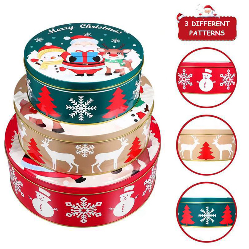 Julgåva Box Three-Piece Round Box Cookie Packaging Box Christmas Tin Box Manufactur Custom Tin Box