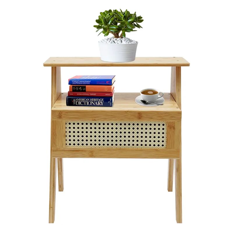 2 Tiers Bamboo End Table With Drawer Nightstands For Small Spaces Storage Night Stand Sidebord för sovrummet