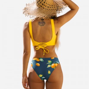Gul wrap front&blommor tryckt bindningssidan bikini set