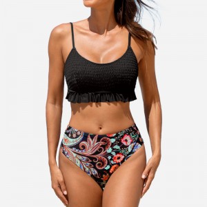 Smocked Ruffled Top&Paisley Print High midje Bikini Set