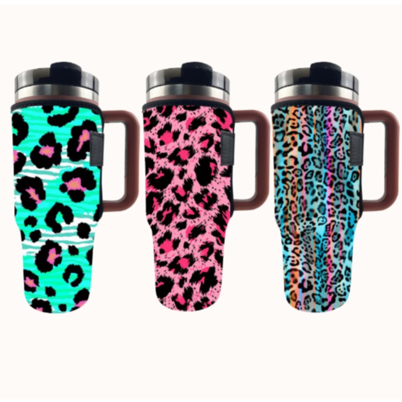 Anpassad sublimeringstryck Leopardko tryck Neopren Tumbler Sleeve Holder för 40oz Cup