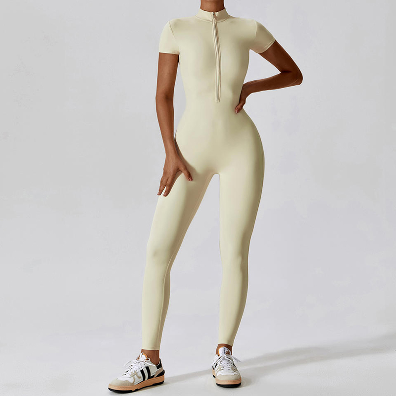 SC1075 One Piece Workout Yoga Jumpsuits Solid SHORT SLEVE Half Zip Gym Romper Bodysuit