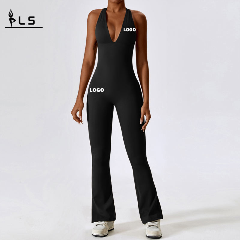 SC1077 Women V Neck Backless One Piece Jumpsuits Gym Romper Sexig spandex bodycon bodysuit