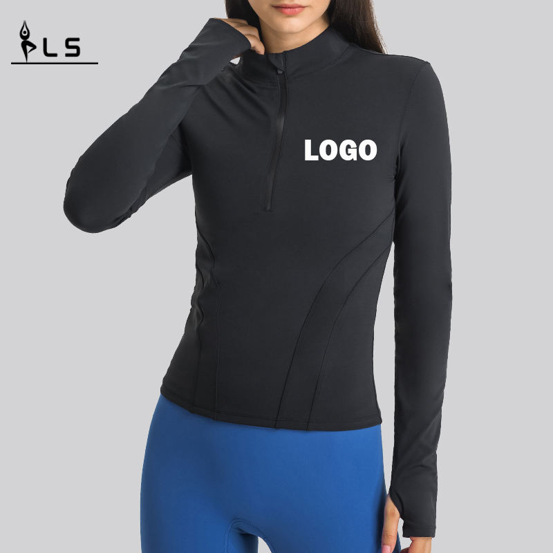 SC10268 YOGA Långärmad kvinnor T-shirt Gym Skjorta Komprimering Gym Träning Sporting Stand Collar Half Zip Sport T Shirt For Women