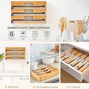 3 I 1 Wrap Dispenser med skärare, plastfolie, aluminiumfolie och vaxpappersdispenser för kökslådan, bamburullarrangörhållare, kompatibel med 12 \\\\ \\\