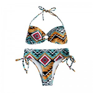 Halter Hollowed Out Pleated Print Ethnic Style Two-Piece Swimsuit