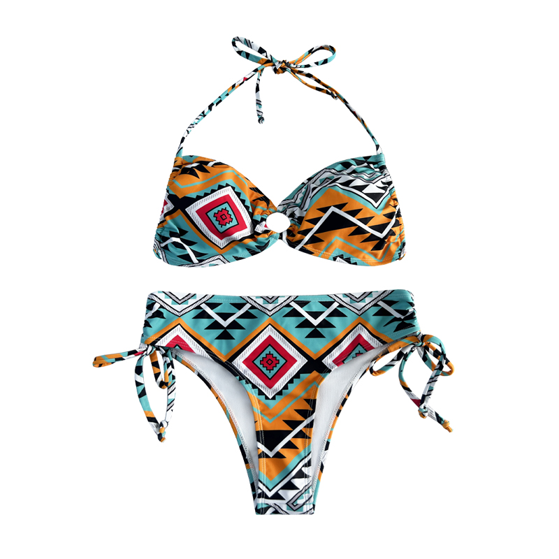 Halter Hollowed Out Pleated Print Ethnic Style Two-Piece Swimsuit