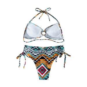 Halter Hollowed Out Pleated Print Ethnic Style Two-Piece Swimsuit