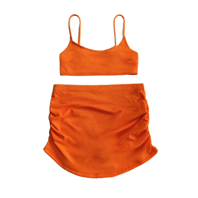 Orange crepe tyg basblus dra veckad kjol sexig tvådelar baddräkt