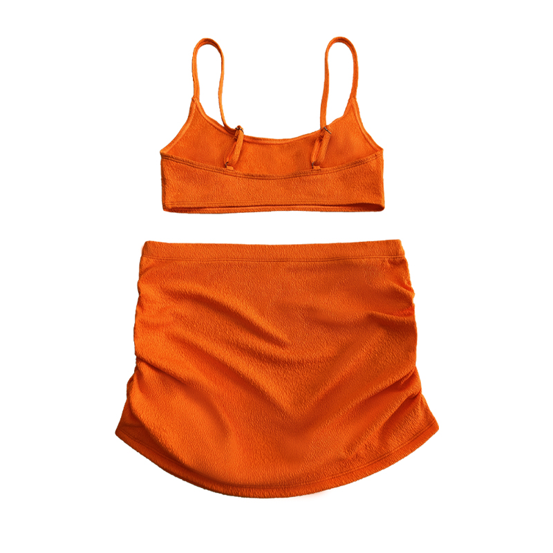 Orange crepe tyg basblus dra veckad kjol sexig tvådelar baddräkt