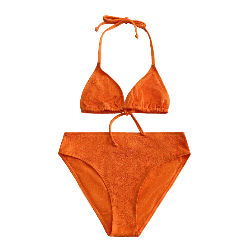 Orange ruffle tyghalter, stativkopp, tredelad baddräkt