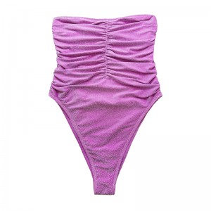 Lila silver stropplös axelbandslös axelbandslös veckad baddräkt i ett stycke