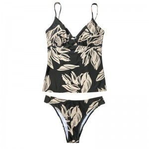 DrawString Vest Pleated V-hals Green Leaf Printed Two-Piece Swimsuit