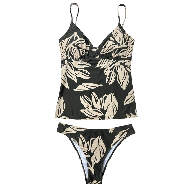 DrawString Vest Pleated V-hals Green Leaf Printed Two-Piece Swimsuit